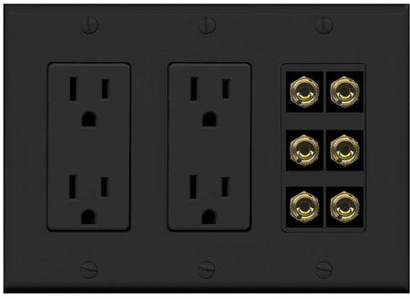 RiteAV 6 Banana 3 Speaker Surround Female Coupler Binding Post Wall Plate - 2 Outlet [Black/Black]