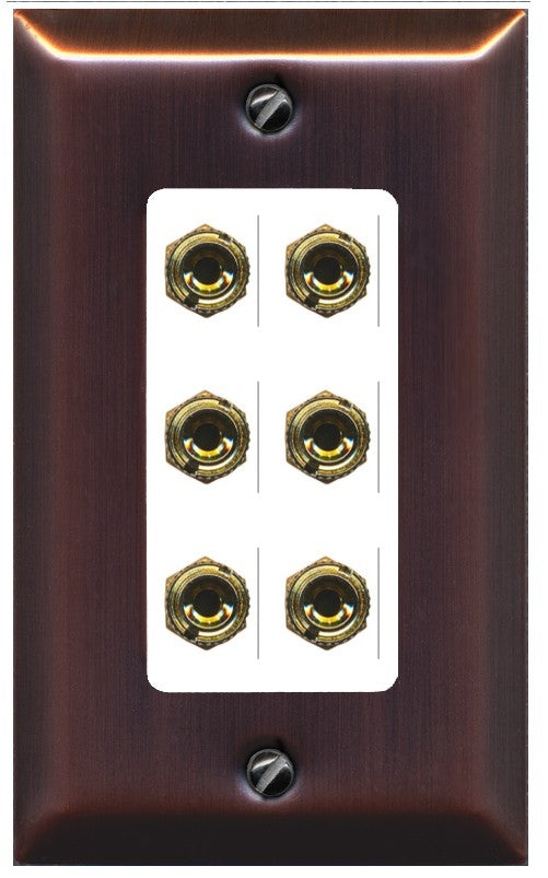 RiteAV 6 Banana 3 Speaker Surround Female Coupler Binding Post Wall Plate - 1 Gang Decorative [Brushed-Copper/White]