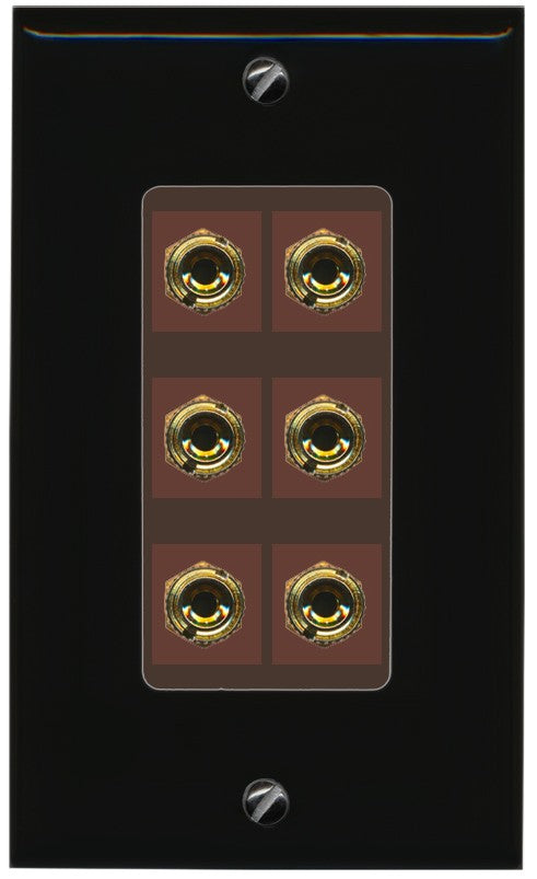 RiteAV 6 Banana 3 Speaker Surround Female Coupler Binding Post Wall Plate - 1 Gang Decorative [Black/Brown]
