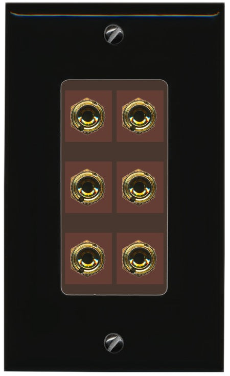 RiteAV 6 Banana 3 Speaker Surround Female Coupler Binding Post Wall Plate - 1 Gang Decorative [Black/Brown]
