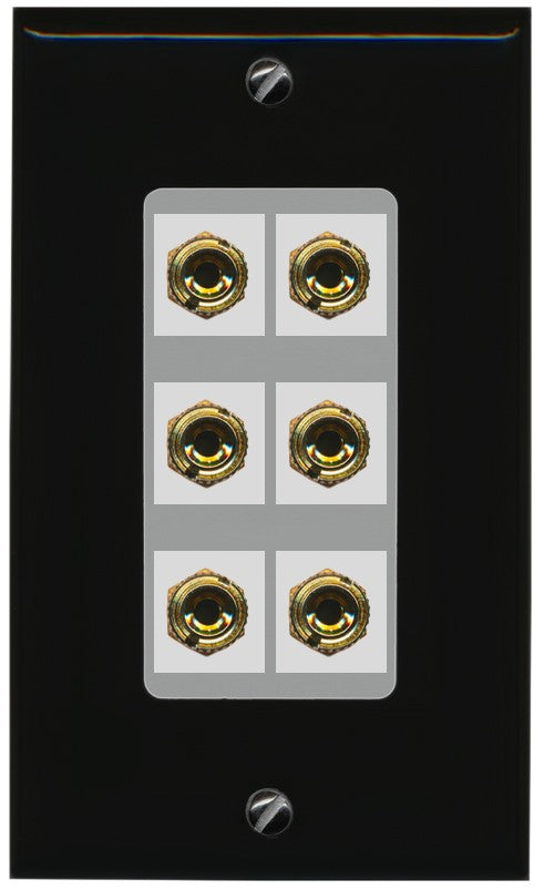 RiteAV 6 Banana 3 Speaker Surround Female Coupler Binding Post Wall Plate - 1 Gang Decorative [Black/Gray]