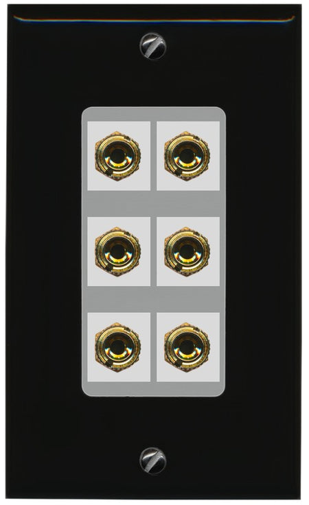 RiteAV 6 Banana 3 Speaker Surround Female Coupler Binding Post Wall Plate - 1 Gang Decorative [Black/Gray]