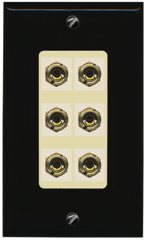 RiteAV 6 Banana 3 Speaker Surround Female Coupler Binding Post Wall Plate - 1 Gang Decorative [Black/Ivory]