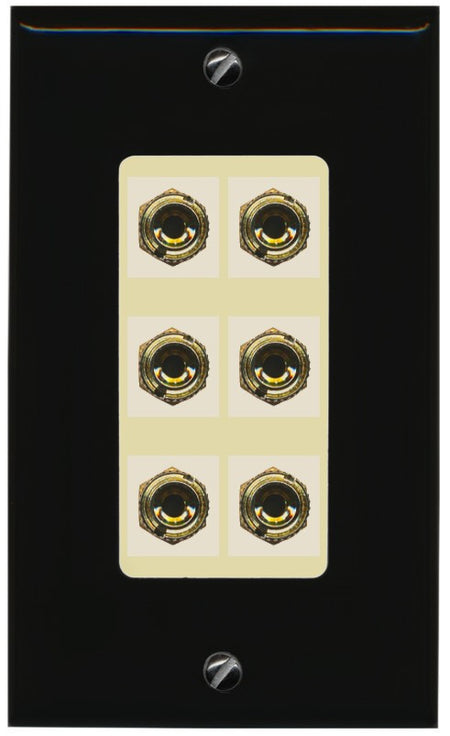 RiteAV 6 Banana 3 Speaker Surround Female Coupler Binding Post Wall Plate - 1 Gang Decorative [Black/Ivory]