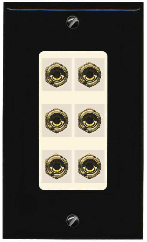 RiteAV 6 Banana 3 Speaker Surround Female Coupler Binding Post Wall Plate - 1 Gang Decorative [Black/Light-Almond]
