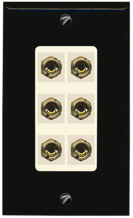 RiteAV 6 Banana 3 Speaker Surround Female Coupler Binding Post Wall Plate - 1 Gang Decorative [Black/Light-Almond]
