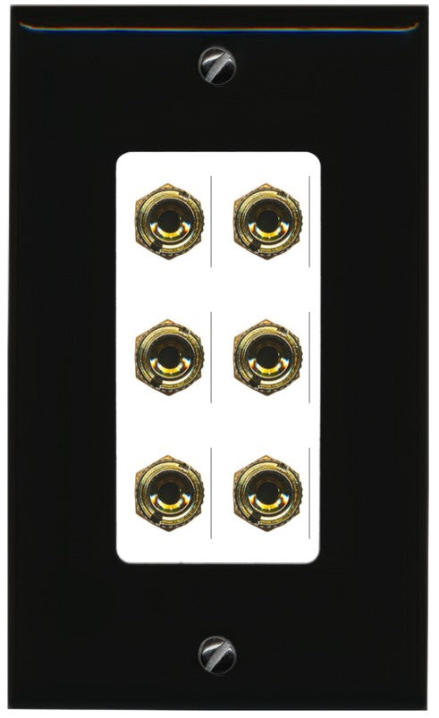 RiteAV 6 Banana 3 Speaker Surround Female Coupler Binding Post Wall Plate - 1 Gang Decorative [Black/White]