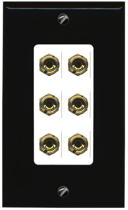 RiteAV 6 Banana 3 Speaker Surround Female Coupler Binding Post Wall Plate - 1 Gang Decorative [Black/White]