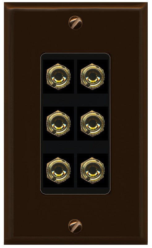 RiteAV 6 Banana 3 Speaker Surround Female Coupler Binding Post Wall Plate - 1 Gang Decorative [Brown/Black]