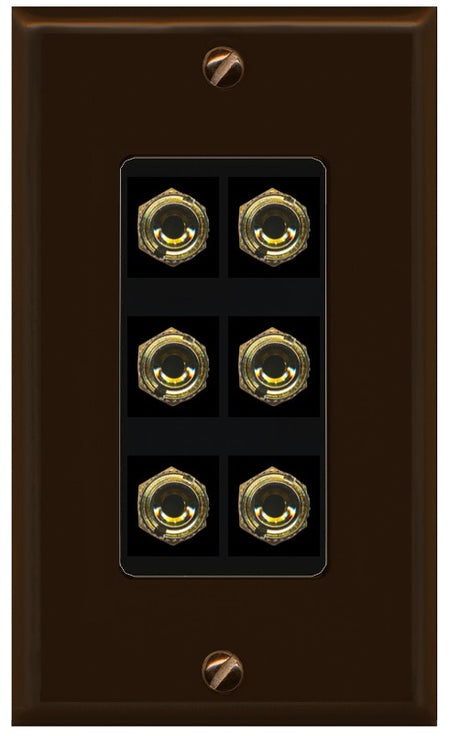 RiteAV 6 Banana 3 Speaker Surround Female Coupler Binding Post Wall Plate - 1 Gang Decorative [Brown/Black]