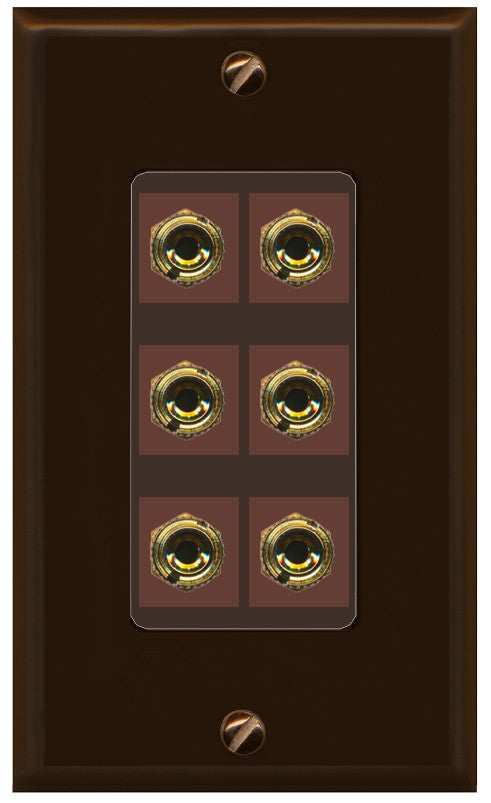 RiteAV 6 Banana 3 Speaker Surround Female Coupler Binding Post Wall Plate - 1 Gang Decorative [Brown/Brown]
