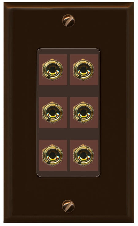 RiteAV 6 Banana 3 Speaker Surround Female Coupler Binding Post Wall Plate - 1 Gang Decorative [Brown/Brown]