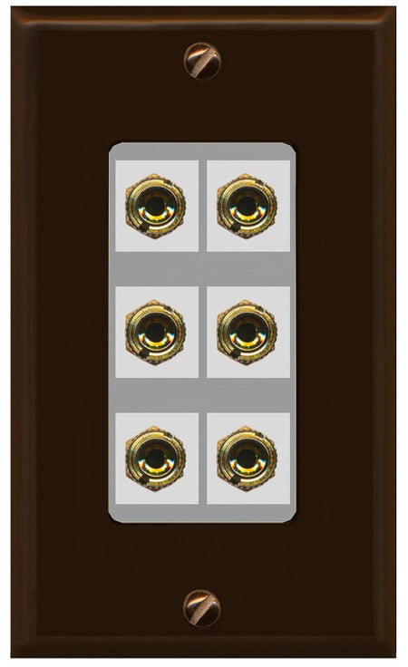 RiteAV 6 Banana 3 Speaker Surround Female Coupler Binding Post Wall Plate - 1 Gang Decorative [Brown/Gray]