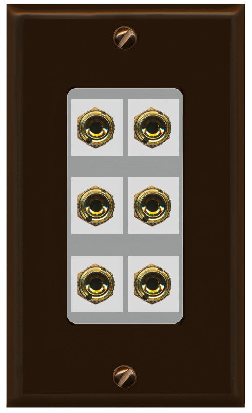 RiteAV 6 Banana 3 Speaker Surround Female Coupler Binding Post Wall Plate - 1 Gang Decorative [Brown/Gray]
