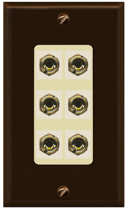 RiteAV 6 Banana 3 Speaker Surround Female Coupler Binding Post Wall Plate - 1 Gang Decorative [Brown/Ivory]