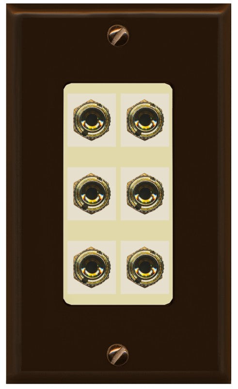 RiteAV 6 Banana 3 Speaker Surround Female Coupler Binding Post Wall Plate - 1 Gang Decorative [Brown/Ivory]