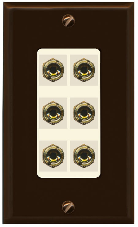 RiteAV 6 Banana 3 Speaker Surround Female Coupler Binding Post Wall Plate - 1 Gang Decorative [Brown/Light-Almond]