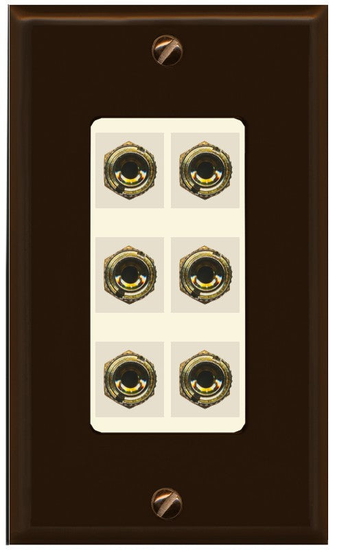 RiteAV 6 Banana 3 Speaker Surround Female Coupler Binding Post Wall Plate - 1 Gang Decorative [Brown/Light-Almond]