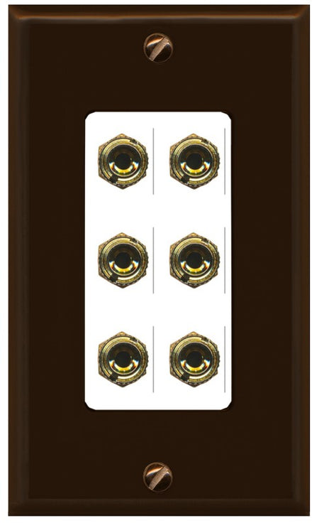 RiteAV 6 Banana 3 Speaker Surround Female Coupler Binding Post Wall Plate - 1 Gang Decorative [Brown/White]