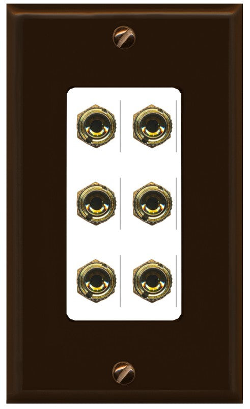 RiteAV 6 Banana 3 Speaker Surround Female Coupler Binding Post Wall Plate - 1 Gang Decorative [Brown/White]