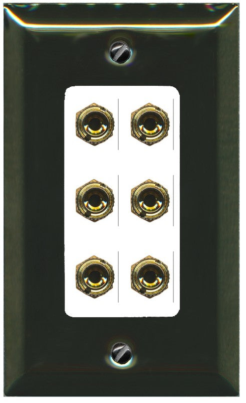 RiteAV 6 Banana 3 Speaker Surround Female Coupler Binding Post Wall Plate - 1 Gang Decorative [Brass/White]