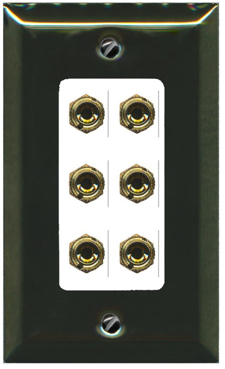 RiteAV 6 Banana 3 Speaker Surround Female Coupler Binding Post Wall Plate - 1 Gang Decorative [Brass/White]