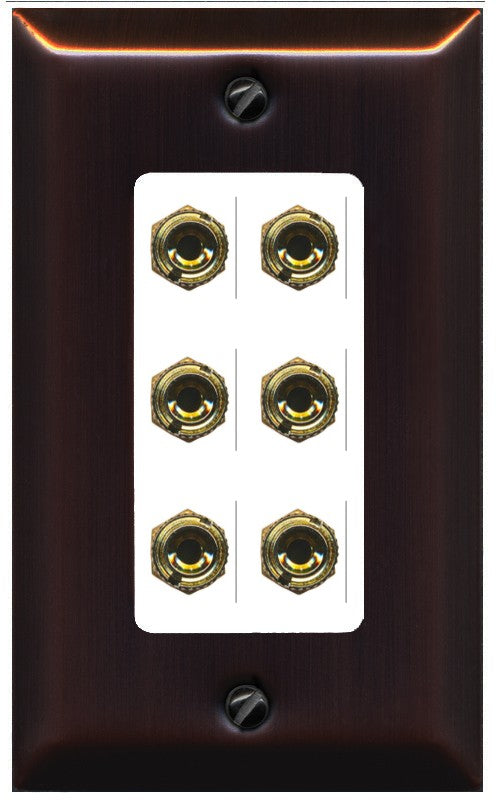 RiteAV 6 Banana 3 Speaker Surround Female Coupler Binding Post Wall Plate - 1 Gang Decorative [Bronze/White]