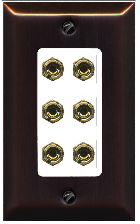 RiteAV 6 Banana 3 Speaker Surround Female Coupler Binding Post Wall Plate - 1 Gang Decorative [Bronze/White]