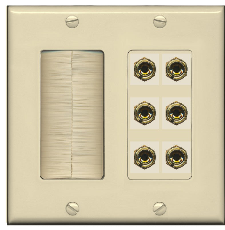 RiteAV 6 Banana 3 Speaker Surround Female Coupler Binding Post Wall Plate - Brush [Ivory/Ivory]