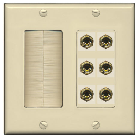 RiteAV 6 Banana 3 Speaker Surround Female Coupler Binding Post Wall Plate - Brush [Ivory/Ivory]