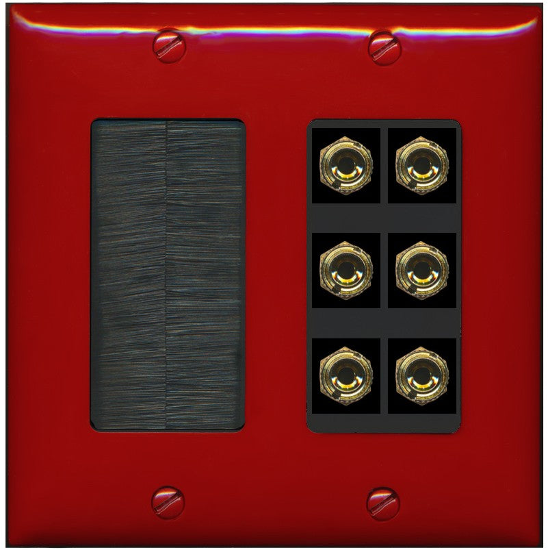 RiteAV 6 Banana 3 Speaker Surround Female Coupler Binding Post Wall Plate - Brush [Red/Black]