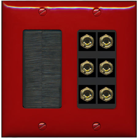 RiteAV 6 Banana 3 Speaker Surround Female Coupler Binding Post Wall Plate - Brush [Red/Black]