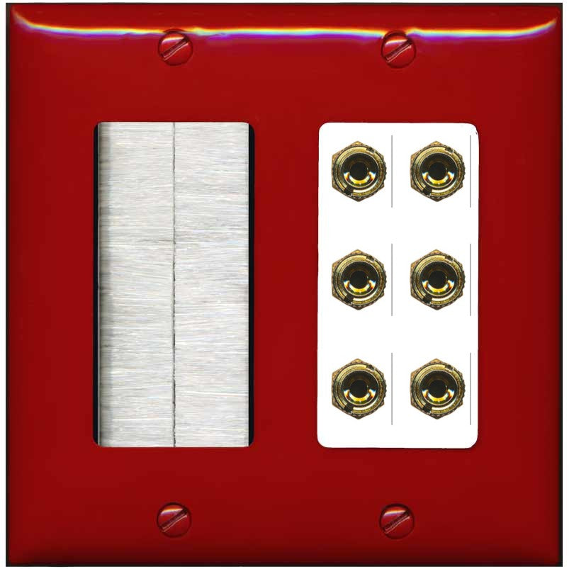 RiteAV 6 Banana 3 Speaker Surround Female Coupler Binding Post Wall Plate - Brush [Red/White]