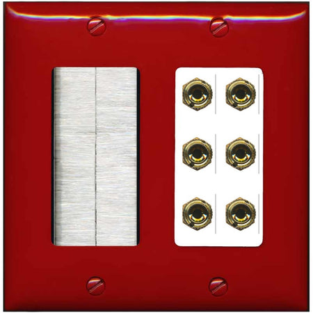 RiteAV 6 Banana 3 Speaker Surround Female Coupler Binding Post Wall Plate - Brush [Red/White]