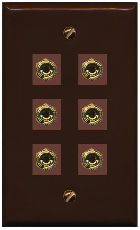 RiteAV 6 Banana 3 Speaker Surround Female Coupler Binding Post Wall Plate - Flat Style [Brown/Brown]