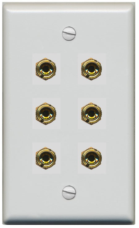 RiteAV 6 Banana 3 Speaker Surround Female Coupler Binding Post Wall Plate - Flat Style [Gray/Gray]