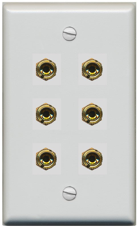 RiteAV 6 Banana 3 Speaker Surround Female Coupler Binding Post Wall Plate - Flat Style [Gray/Gray]