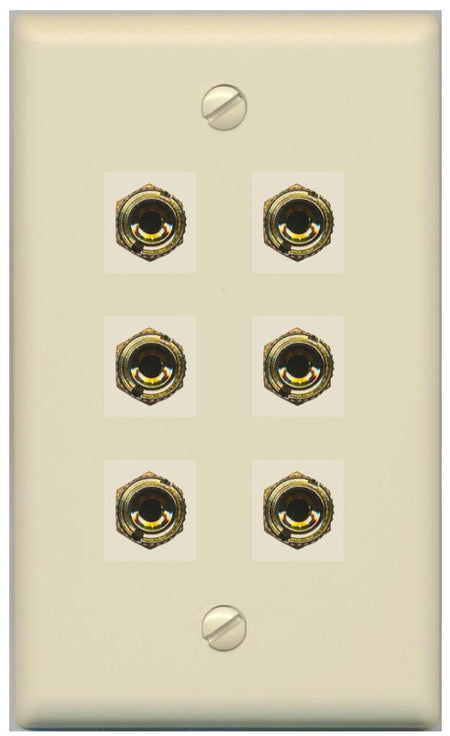 RiteAV 6 Banana 3 Speaker Surround Female Coupler Binding Post Wall Plate - Flat Style [Ivory/Ivory]