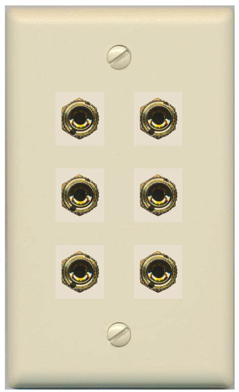 RiteAV 6 Banana 3 Speaker Surround Female Coupler Binding Post Wall Plate - Flat Style [Ivory/Ivory]