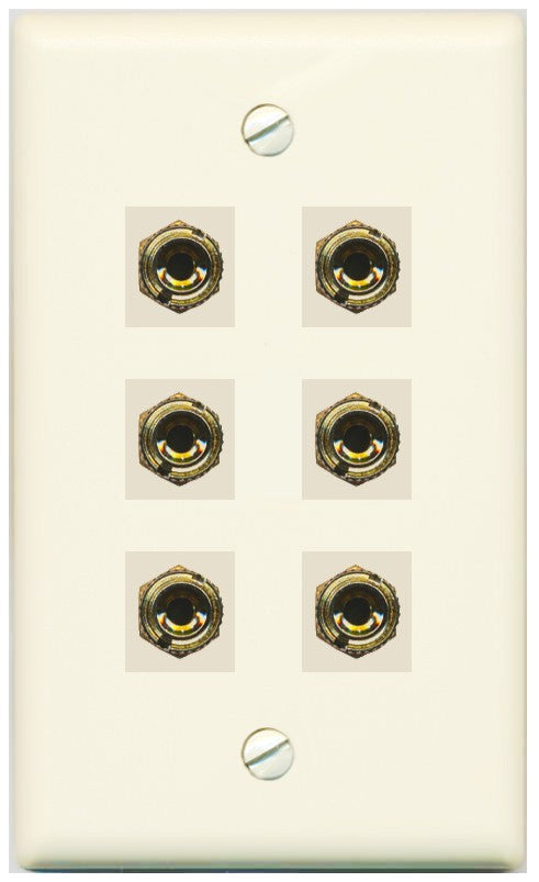 RiteAV 6 Banana 3 Speaker Surround Female Coupler Binding Post Wall Plate - Flat Style [Light-Almond]