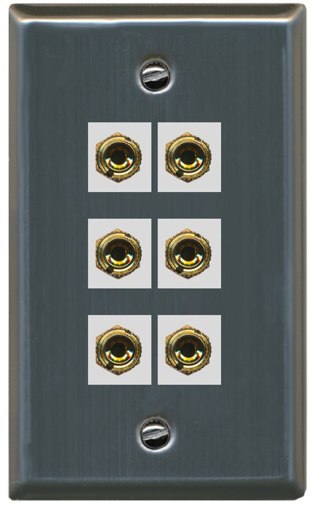 RiteAV 6 Banana 3 Speaker Surround Female Coupler Binding Post Wall Plate - Flat Style [Stainless Steel]