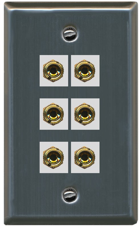 RiteAV 6 Banana 3 Speaker Surround Female Coupler Binding Post Wall Plate - Flat Style [Stainless Steel]