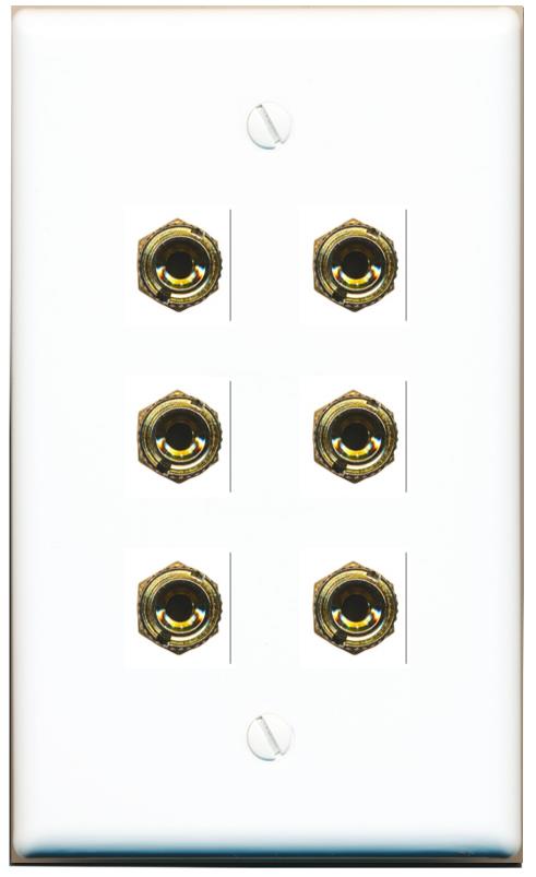 RiteAV 6 Banana 3 Speaker Surround Female Coupler Binding Post Wall Plate - Flat [White]