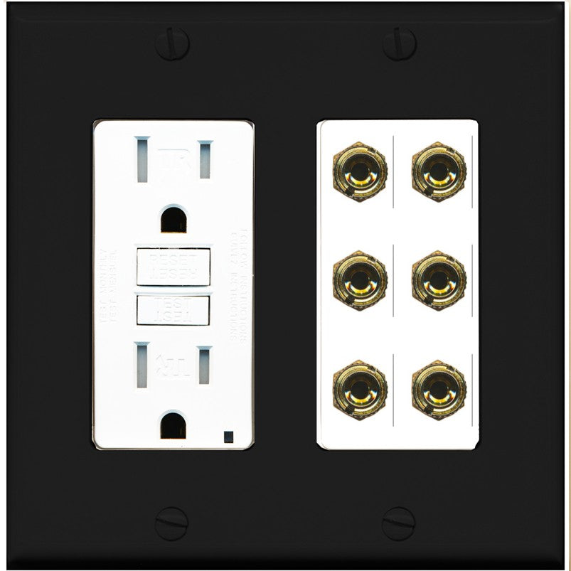 RiteAV 6 Banana 3 Speaker Surround Female Coupler Binding Post Wall Plate - GFCI Outlet [Black/White]