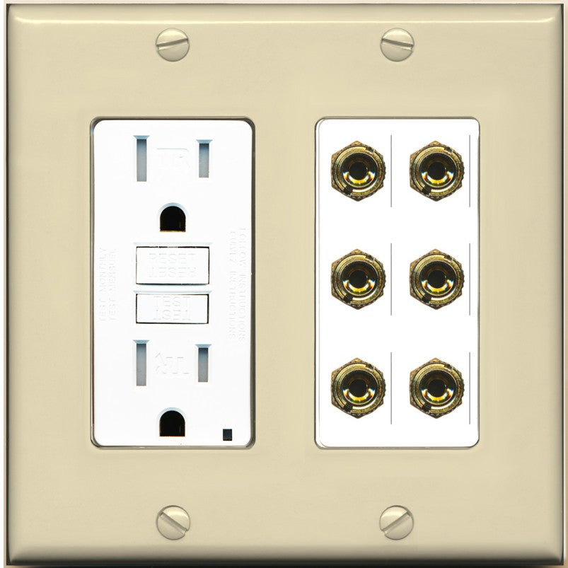 RiteAV 6 Banana 3 Speaker Surround Female Coupler Binding Post Wall Plate - GFCI Outlet [Ivory/White]