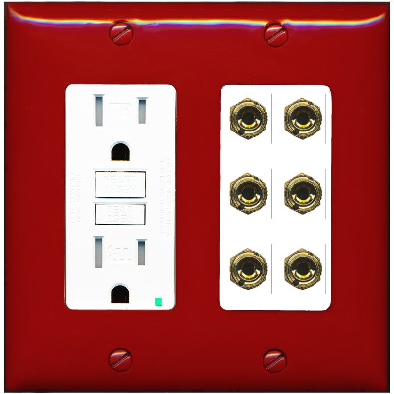 RiteAV 6 Banana 3 Speaker Surround Female Coupler Binding Post Wall Plate - GFCI Outlet [Red/White]