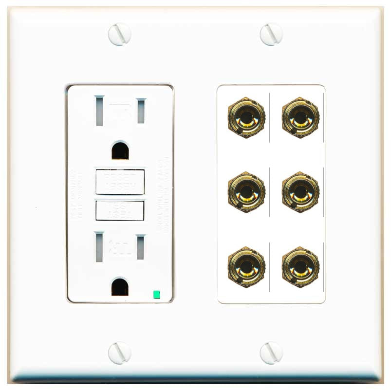 RiteAV 6 Banana 3 Speaker Surround Female Coupler Binding Post Wall Plate - GFCI Outlet [White]