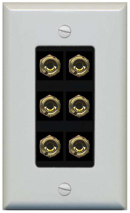 RiteAV 6 Banana 3 Speaker Surround Female Coupler Binding Post Wall Plate - 1 Gang Decorative [Gray/Black]
