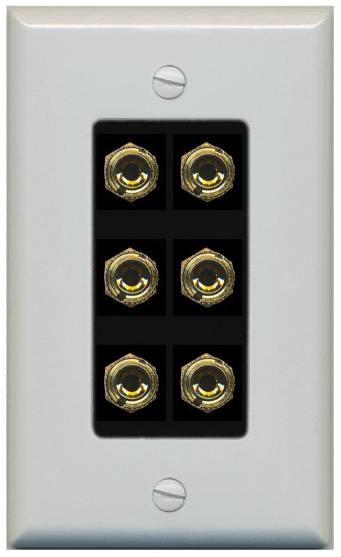 RiteAV 6 Banana 3 Speaker Surround Female Coupler Binding Post Wall Plate - 1 Gang Decorative [Gray/Black]