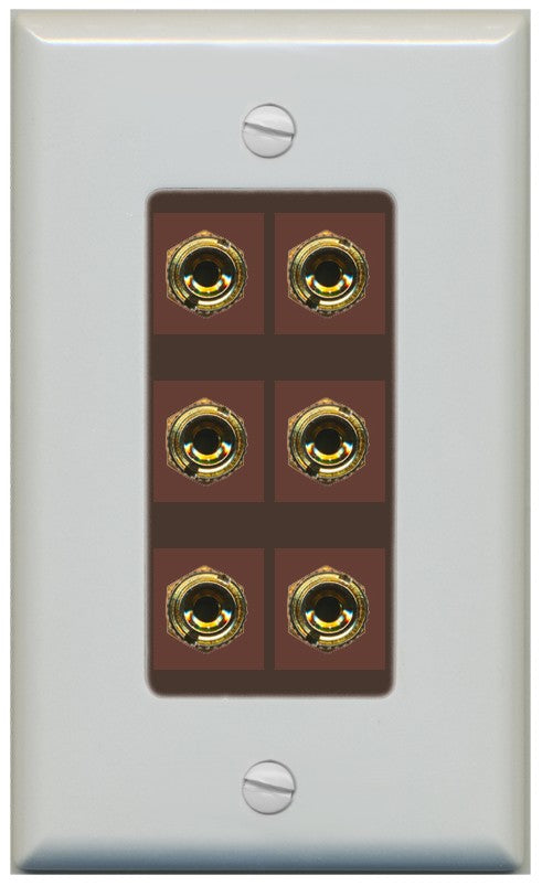 RiteAV 6 Banana 3 Speaker Surround Female Coupler Binding Post Wall Plate - 1 Gang Decorative [Gray/Brown]